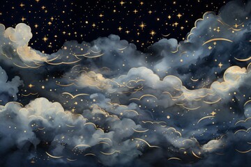 Night sky. Clouds and gold stars.