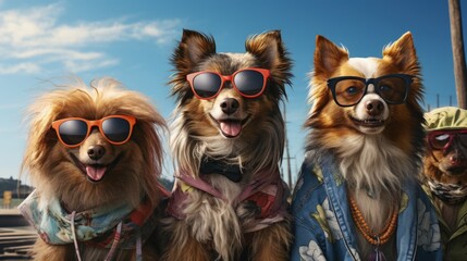 dogs portrait with sunglasses, Funny animals in a group together looking at the camera, wearing...