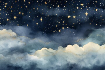 Night sky. Clouds and gold stars. - obrazy, fototapety, plakaty