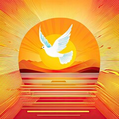 White peace dove in flight over water against a sunset or sunrise background.