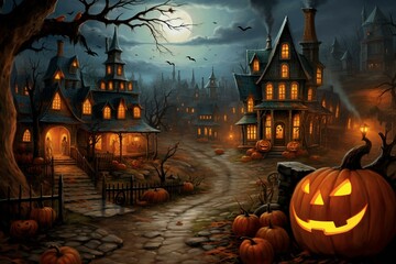 Fototapeta na wymiar Festive Halloween scene featuring a pumpkin-filled town. Generative AI