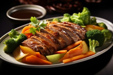 Deliciously roasted duck served with a medley of fresh vegetables. Generative AI