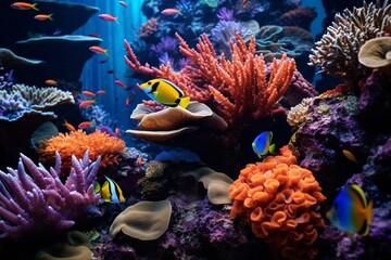 Vivid aquatic ecosystem teeming with vibrant fish and corals. Generative AI