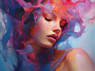Beautiful girl immersed in cerulean and magenta liquid paint strokes