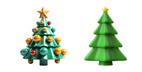 Happy New Year and Merry Christmas with a 3D realistic set of pine tree and Christmas tree isolated on transparent background - Generative AI