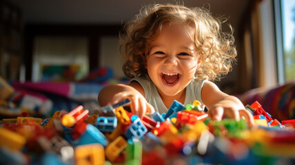 Happy little girl plays with plastic toy blocks, cute child having fun - obrazy, fototapety, plakaty