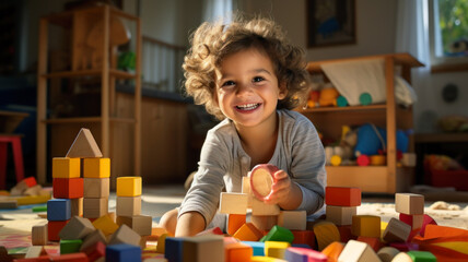 Happy child plays with colored toy blocks, preschool kid on playground - obrazy, fototapety, plakaty