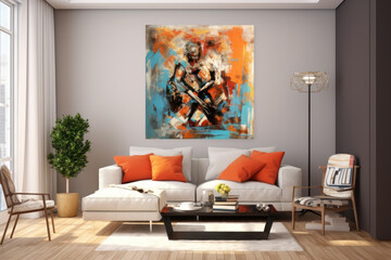 Modern home interior design, light living room with art painting on wall