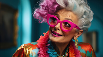 Old lady dressed in vibrant retro-futuristic 80s fashion. - obrazy, fototapety, plakaty