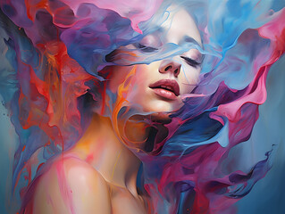 Beautiful girl immersed in cerulean and magenta liquid paint strokes