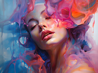 Beautiful girl immersed in cerulean and magenta liquid paint strokes
