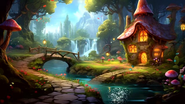 Fairy house in forest with amazing fantasy  with mushroom house, flowers, river, video cartoon anime looping video background for live wallpaper