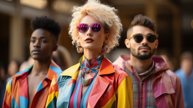 A modern, sustainable fashion show featuring models showcasing 80s fashion.