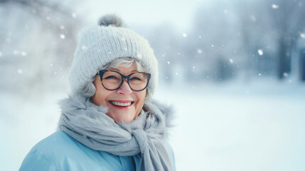 elderly senior woman in winter clothing smiling in the snow - obrazy, fototapety, plakaty