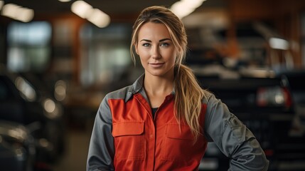 Young professional mechanic woman representing expertise and friendliness in an auto repair shop. - obrazy, fototapety, plakaty