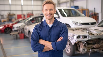 Young professional mechanic master representing expertise and friendliness in an auto repair shop.