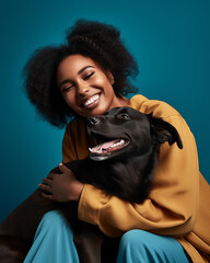 A black woman with your dog petting your dog on tan background