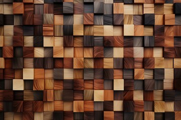 Wall mosaic with timber-shaped soft sheen tiles stacked in 3D render to create a wood block background. Generative AI - obrazy, fototapety, plakaty