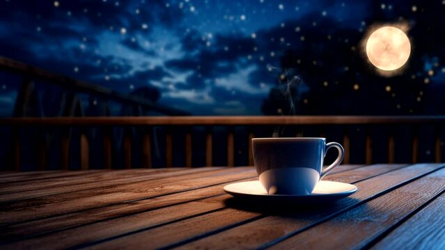 a cup coffee on wooden table with night view, video background live wallpaper relax leisure concept looping