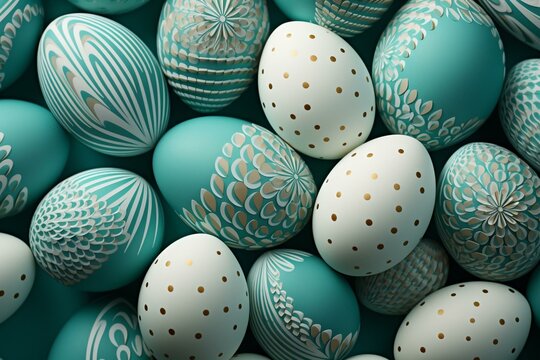 Background with multicolored Easter eggs featuring circle, ring, and triangle patterns in beautiful teal and white colors. Generative AI