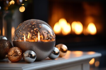 Christmas candles in the glass sphere and baubles with a blurred, flaming fireplace in the background