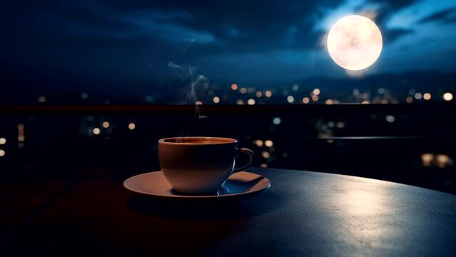 a cup coffee on wooden table with night view, video background live wallpaper relax leisure concept looping