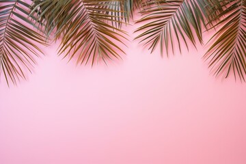 Fototapeta na wymiar Border formed by palm tree branches on a pink background. Generative AI