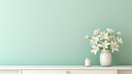 A vase with white flowers sitting on a dresser