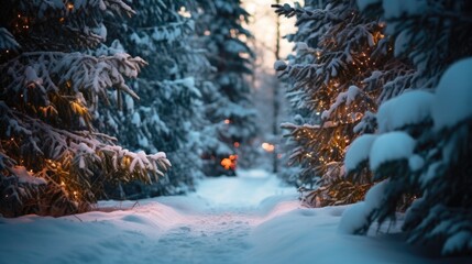 A snowy path in the middle of a forest - obrazy, fototapety, plakaty