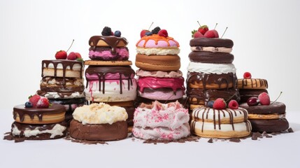 A pile of cakes with different toppings and toppings