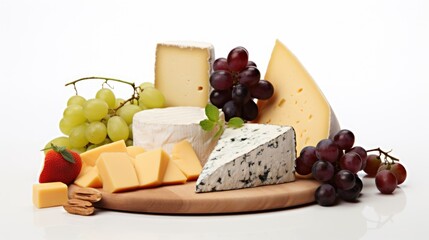 A platter of cheese, grapes, and strawberries