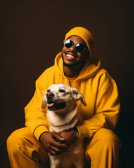 A black man with your dog petting your dog on tan background