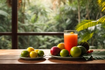 A glass of orange juice and a plate of fruit on a tropical background