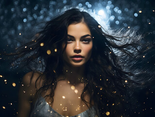 Fashion girl amidst glimmering stardust constellation backdrop