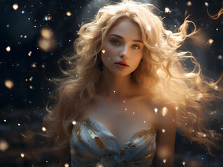 Fashion girl amidst glimmering stardust constellation backdrop