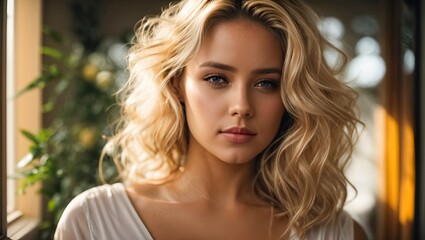 Fototapeta premium Close-up of a beautiful young girl with beautiful hair
