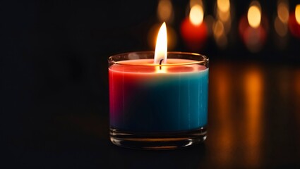 Obraz na płótnie Canvas Multicolored candle in a glass jar burns in the dark