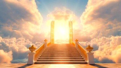 open door and stair on cloud in heaven video background looping for live wallpaper Seamless looping 4K virtual video animation background