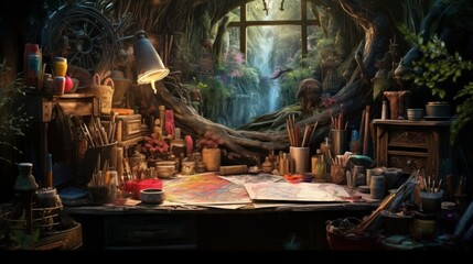 An artist desk full of drawings from the hobbit
