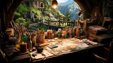 An artist desk full of drawings from the hobbit - obrazy, fototapety, plakaty