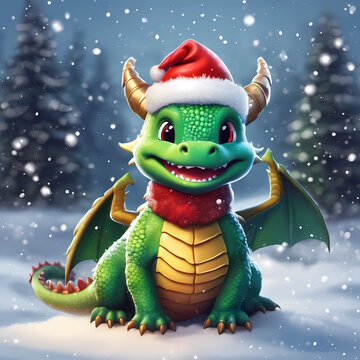 Generative AI. A little cute green dragon stands in the winter forest and smiles. Dragon in a red scarf and a New Year's cap. Symbol of 2024. Christmas and Christmas card