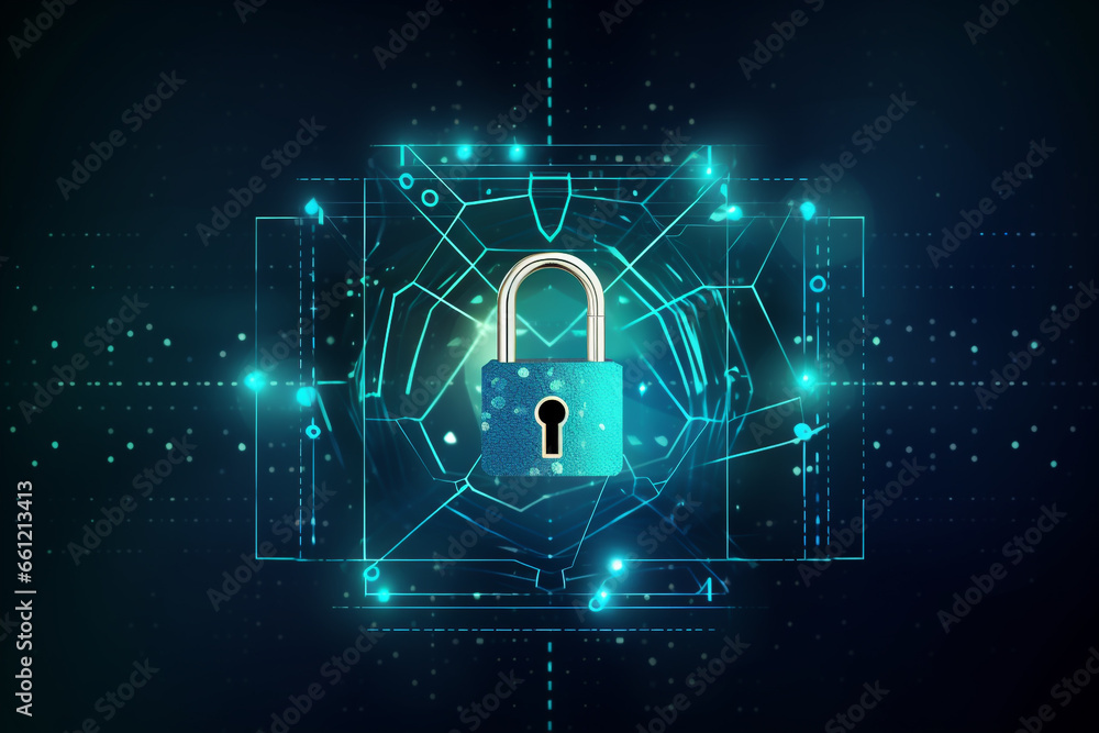 Poster cyber security concept. lock symbol from lines and triangles, point connecting network on blue backg