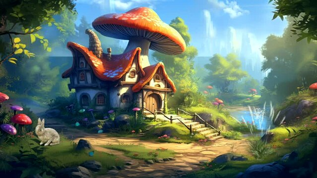 Fairy house in forest with amazing fantasy  with mushroom house, flowers, river, video cartoon anime looping video background for live wallpaper