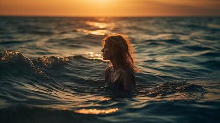 Fototapeta premium woman on the beach at sunset
