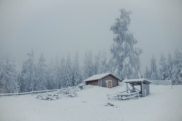 Cottage and well covered in snow in winter with forest background horizontal.jpg