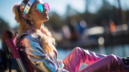 Young woman dressed in vibrant 80s fashion by the lake.