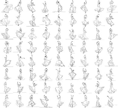 Set of one-line drawing of flamenco dancers, simple and minimalist, editable vector
