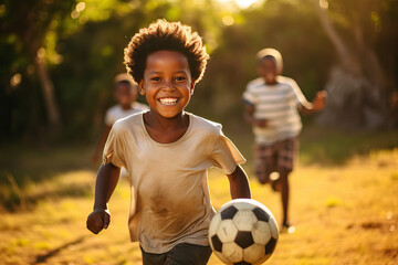 Little african american boy is playing football with happy friends in suburb - obrazy, fototapety, plakaty