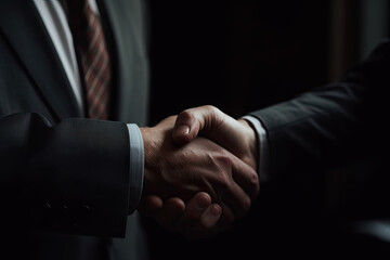 Successful businessmen shake hands as confirmation of their decisions after a meeting on a dark background