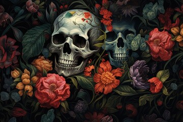 gloomy sea of screams and floral skulls Generative AI